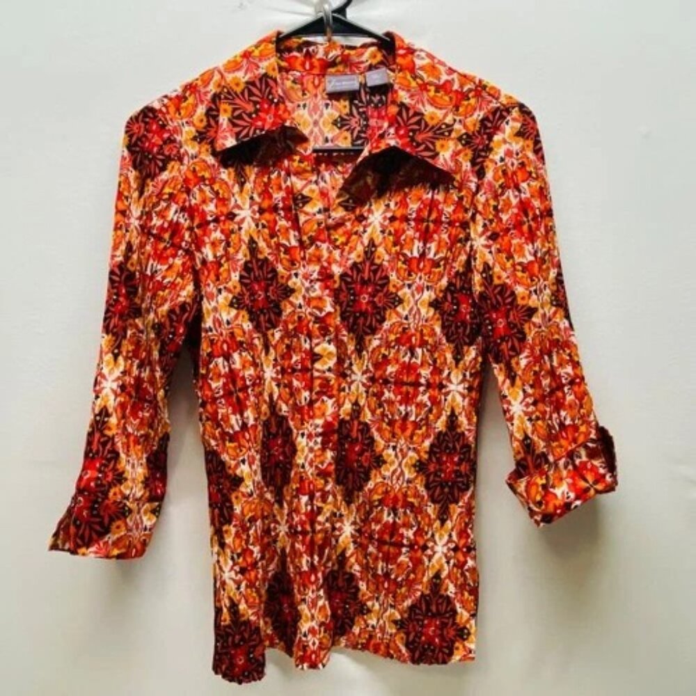 Laura Scott Button Up Blouse Women's Small Red Orange Floral Smocked 3/4 Sleeve